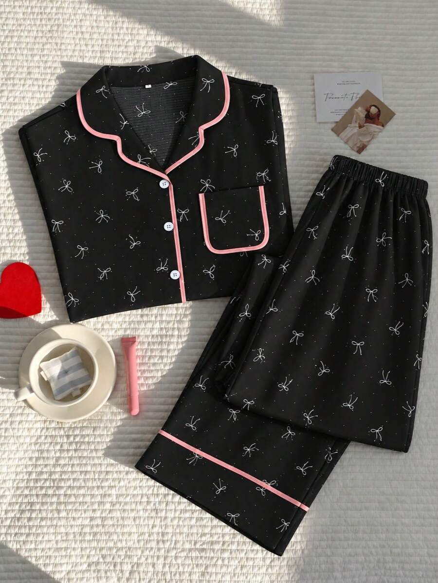 Women's Bow Print Long Sleeve Long Pants Pajama Set - Black - View 1