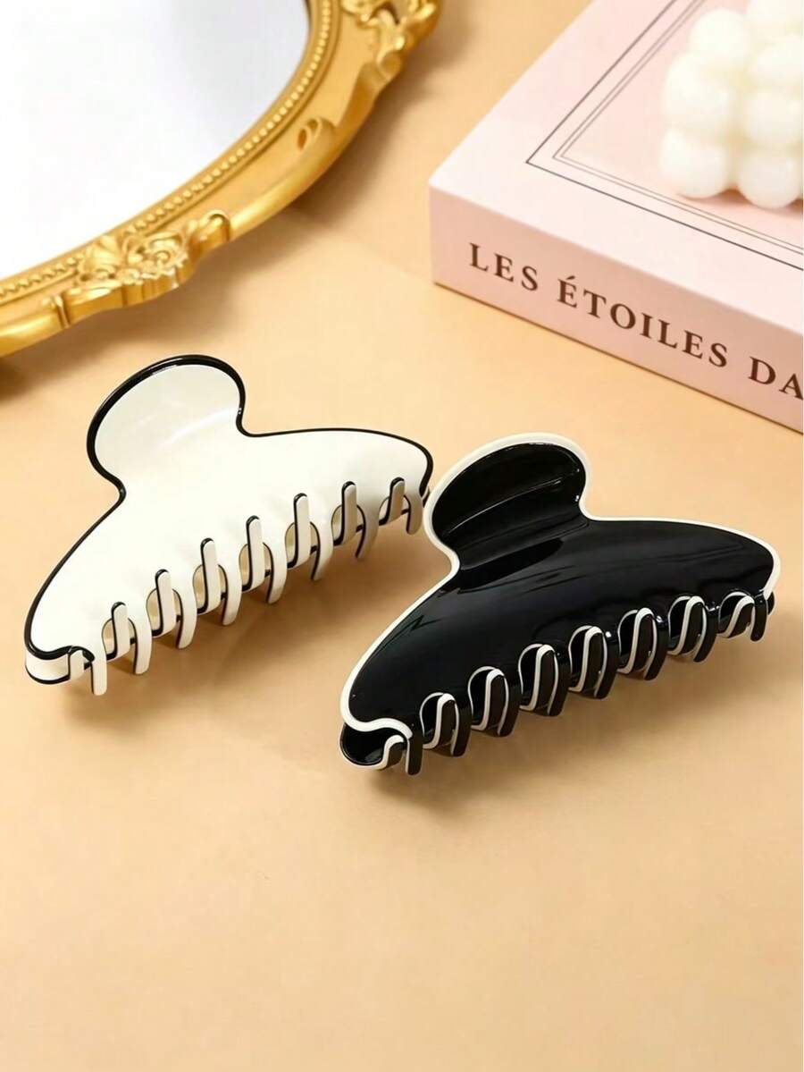 1/2pcs Exquisite Black & White Outline Design, Set Of 2 Colors Hair Claw Clips For Versatile Matching. Glossy Texture With High-End Look, Large Teeth Grip Firmly To Lock Hair Strands, Non-Slip. Minimalist & Elegant Style Suitable For Various Outfits, Perfect For Commuting And Travel, Easily Create Elegant Updo Hairstyles. - Multicolor - View 1