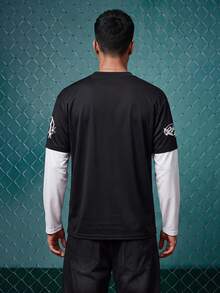 EVRINFINITE High Street American Sports Style Digital Star Colorblock Patchwork 2 In 1 Long Sleeve T-Shirt, Men's Daily Lazy Loose Basic Street Casual Top - Black - View 2