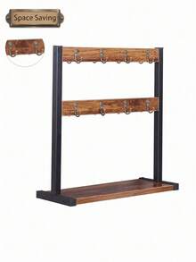 Freestanding Entryway Organizer With 16 Hooks, Vintage Industrial Coat & Hat Rack With Bottom Shelf, Metal & Wood Grain Storage Stand For Hallway, Christmas New Year Gift - Multicolor - View 1
