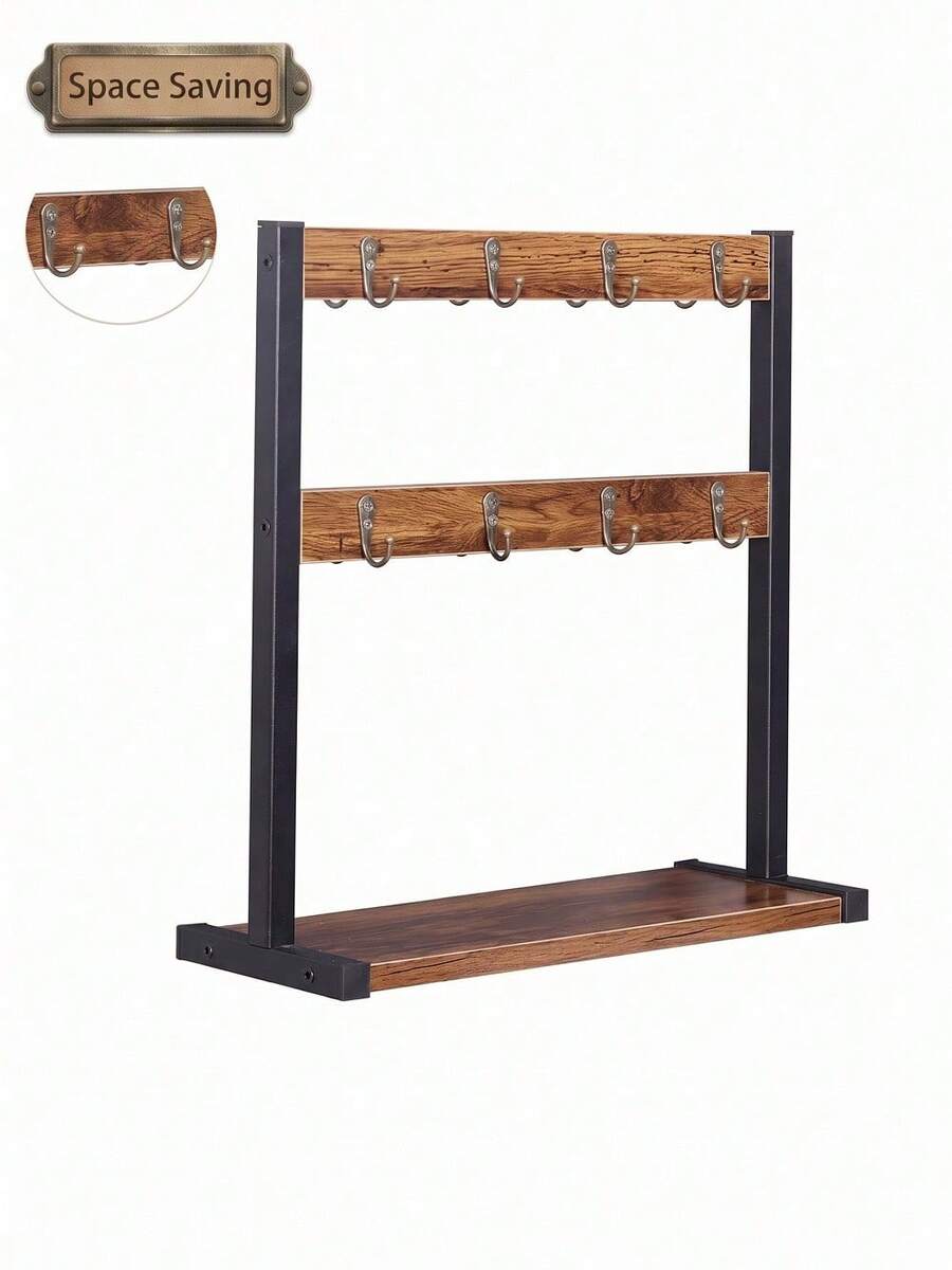 Freestanding Entryway Organizer With 16 Hooks, Vintage Industrial Coat & Hat Rack With Bottom Shelf, Metal & Wood Grain Storage Stand For Hallway, Christmas New Year Gift - Multicolor - View 1
