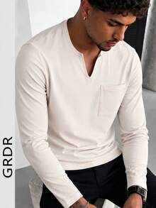 GRDR Men's Small V-Neck Henley Long Sleeve T-Shirt, Spring/Autumn, Solid Color, Slim Fit, Casual Pullover Top With Chest Pocket - Apricot - View 3
