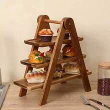 3-Tier Solid Wood Folding Dessert Stand, A-Frame Tiered Display Tray, Collapsible Afternoon Tea Fruit Platter, Cold Appetizer Cheese & Charcuterie Display Rack, Party Dessert & Snack Storage Tray - Brown - View 3