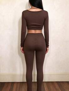 Women's Autumn/Winter Solid Color Long Sleeve Halter Neck Low Cut Cropped Top And Slimming Casual Pants Set - Brown - View 5