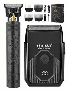 HIENA Men's Hair Clipper And Electric Shaver Set, Dragon Pattern T-Blade Trimmer With Digital Display Foil Shaver, USB Rechargeable Cordless Grooming Kit With Guide Combs, Ideal Gift For Him - Black - View 1