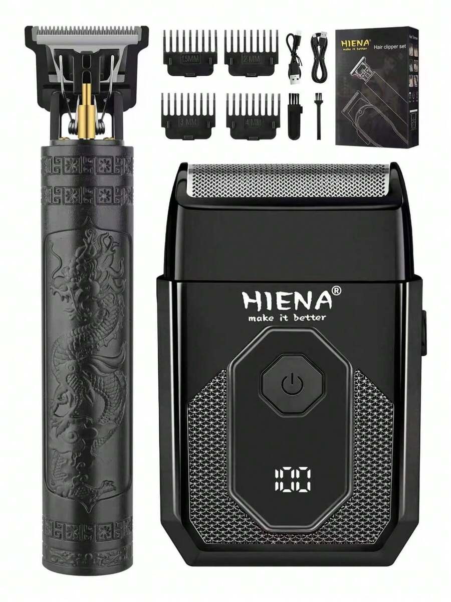 HIENA Men's Hair Clipper And Electric Shaver Set, Dragon Pattern T-Blade Trimmer With Digital Display Foil Shaver, USB Rechargeable Cordless Grooming Kit With Guide Combs, Ideal Gift For Him - Black - View 1