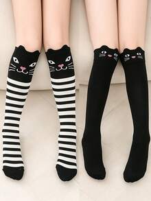 2 Pairs Girls Cute Cat Striped Knee-High Socks, Soft Comfortable Over-The-Knee Socks For Girls - Multicolor - View 7