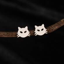 1 Pair Minimalist Cat Face Stud Earrings, Stainless Steel Cute Animal Ear Studs For Women Men - GED752 - View 4