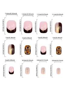 24PCS Short Oval Press On Nails, Fall Autumn Tortoiseshell Amber Fake Nails With Gold Starburst Glitter & Metallic Trim, Nude Brown Two-Tone Design, Reusable False Nails For Women Daily Party Wear - Multicolor - View 5