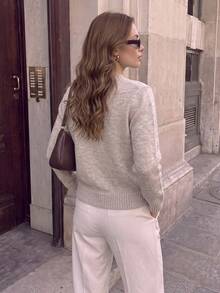 Women's Asymmetrical Button Sweater Crew Neck Long Sleeve Knit Top - Beige - View 5