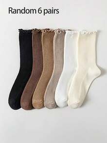 1/3/6 Pairs Women's Solid Color Ruffle Socks, Minimalist Fashion Versatile Comfortable Soft Cute Mid-Calf Socks, Suitable For Daily Wear, Ideal New Year Gift For Students, Friends, Couples And Family, Also Great Choice For Spring Outdoor Activities - Multicolor - View 10