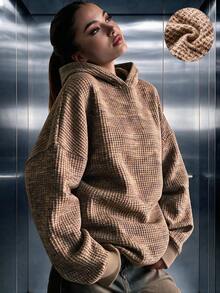 女款休閒華夫格針織寬鬆連帽衛衣，適合日常穿著，秋冬穿搭，秋冬服飾，戶外穿著 - 棕色 - 查看 1