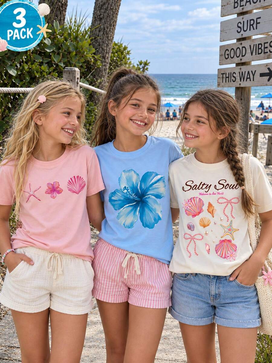 3pcs Tween Girls Tropical Shell & Flower Print Short Sleeve T-Shirt, Young Student Clothing, Suitable For Tween GirlsSummer Tops, Back To School