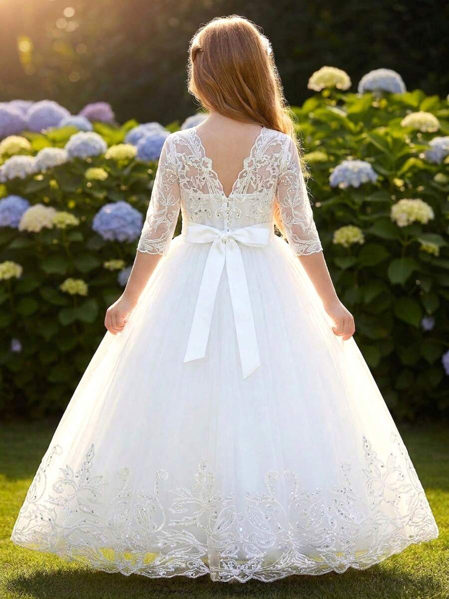 Tween Girl Backless Studded Pearl Midi Dress, Embroidered Floral Sequin Mesh Skirt, Princess Dress For Teens, Flower Girl Wedding Party Formal Gown - White - View 1