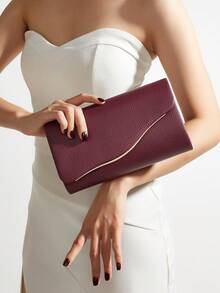 Women's Evening Clutch Bag With Detachable Gold Chain, Minimalist Elegant Wavy Flap Envelope Design With Metal Trim, Suitable For Weddings, Proms, Cocktail Parties, Parties And Formal Dinners - Burgundy - View 2