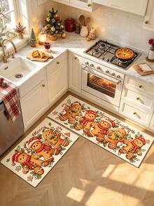 1/2pcs Christmas Kitchen Decor Rug, Christmas Gingerbread Man Pattern Design Winter Kitchen Rug And Mat, Non-Slip Washable Absorbent Kitchen Accessories Decor Mat, Christmas Holiday Gift! - Multicolor - View 3