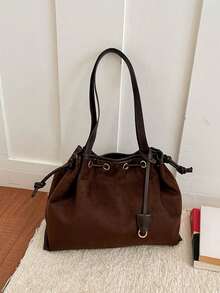 Autumn/Winter Vintage Brushed PU Shoulder Bag With Drawstring Hole Decor, Large Capacity Commuter Tote Bag - Coffee - View 4