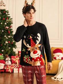 Notgurli Christmas 4-Piece Set Santa Hat Print Couple Pajama Set, Red And Black Color, Summer, Beautiful, Suitable For Family Wear Couple Christmas Pajama Set - Multicolor - View 17