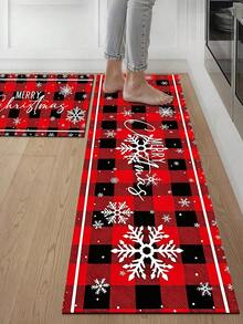 1/2pcs Christmas Kitchen Decor Rug, Buffalo Plaid Merry Christmas Design, Winter Kitchen Rug And Mat, Non-Slip Washable Absorbent Kitchen Accessories Decor Mat, Christmas Holiday Gift! - Multicolor - View 4