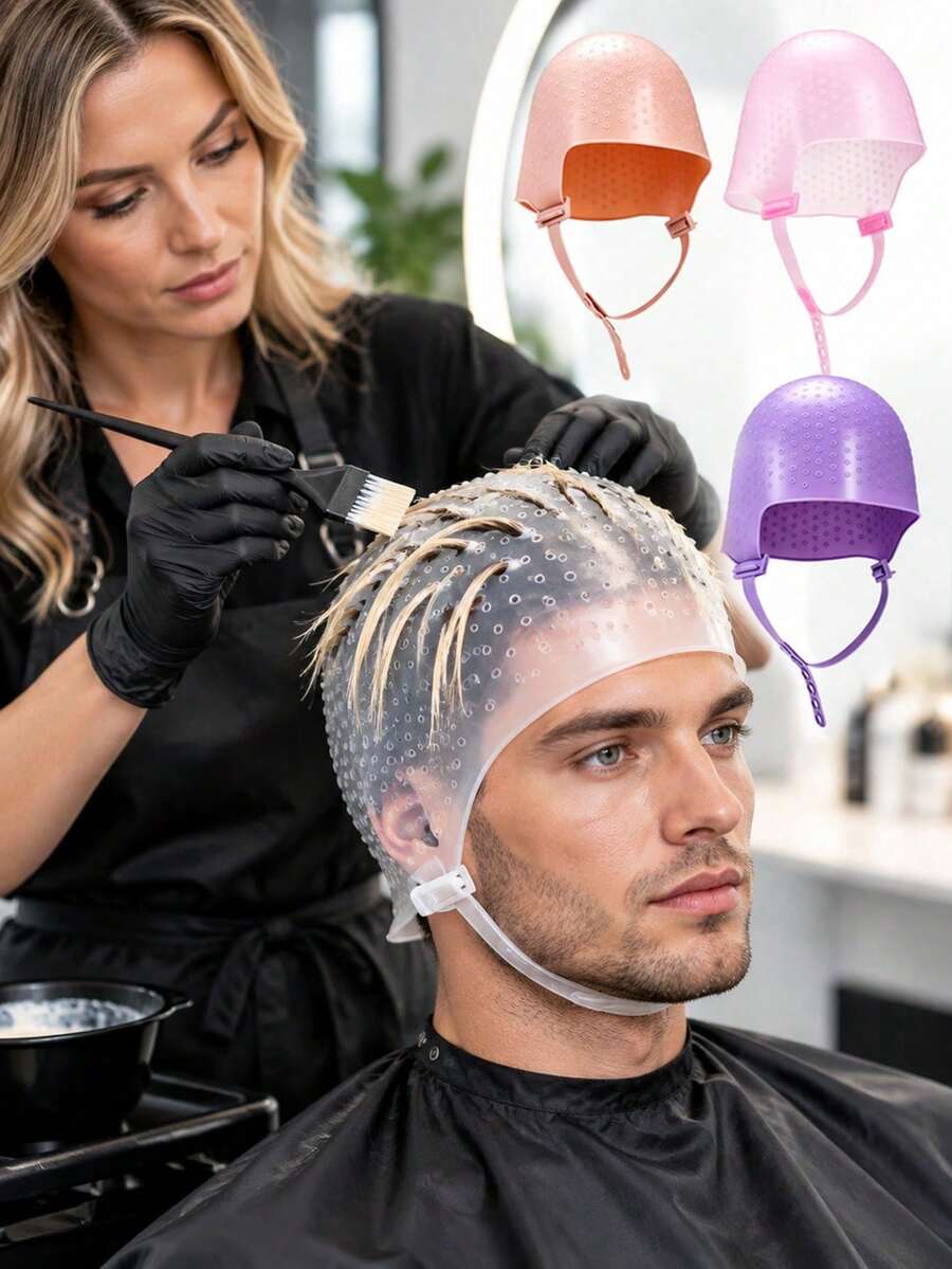 Silicone Hair Dyeing Cap Set (Includes Hair Dyeing Hook, 1 Set) Reusable Professional Bleaching Cap, Helps You Create Salon-Quality Highlights At Home, Hair Salon Dyeing Accessories - Multicolor - View 1