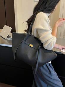1件女款純色PU單肩托特包，大容量休閒商務風手提包，適合外出、購物、約會與送禮 - 黑色 - 查看 7