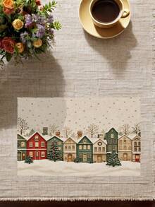 2/4/6Pcs Vintage Christmas Town Placemat, Snowy Winter Village Houses Table Mat, Antique Linen Texture Snowflake Table Decor, Farmhouse Rustic Holiday Dining Table Linen, Washable Table Protection Pad - Champagne - View 1