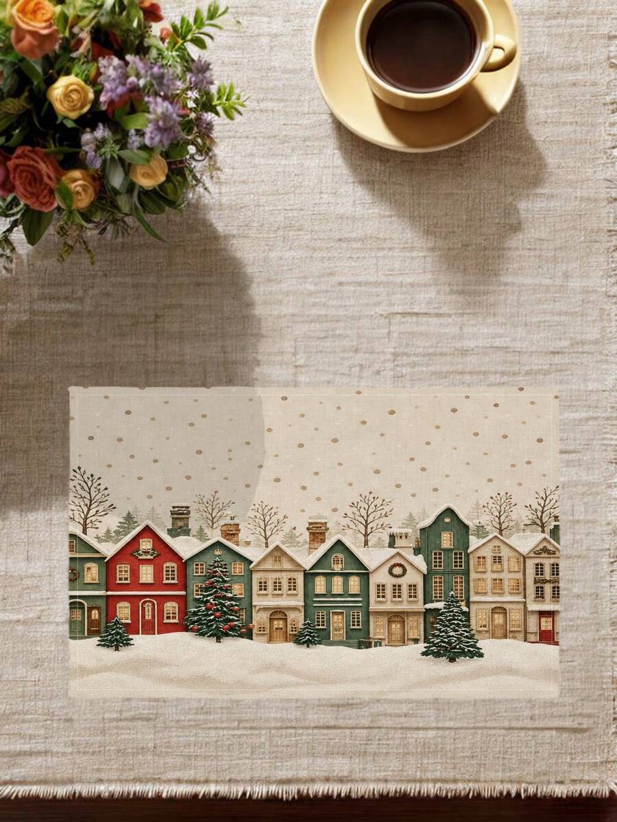 2/4/6Pcs Vintage Christmas Town Placemat, Snowy Winter Village Houses Table Mat, Antique Linen Texture Snowflake Table Decor, Farmhouse Rustic Holiday Dining Table Linen, Washable Table Protection Pad - Champagne - View 1