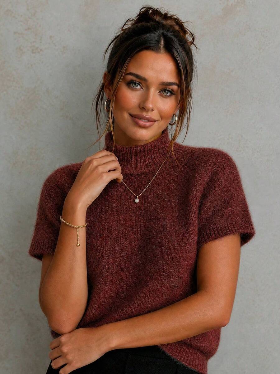 Plus Size Women's Autumn/Winter New Knit Mock Neck Short Sleeve Top, Minimalist Basic Fitted Sweater, Wool Blend Knit Top, Y2K Retro Style, Suitable For Daily Wear, Halloween Outfit - Burgundy - View 1