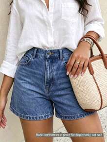 Women's Small Size Washed Blue Non-Stretch Denim Shorts - Baby Blue - View 1