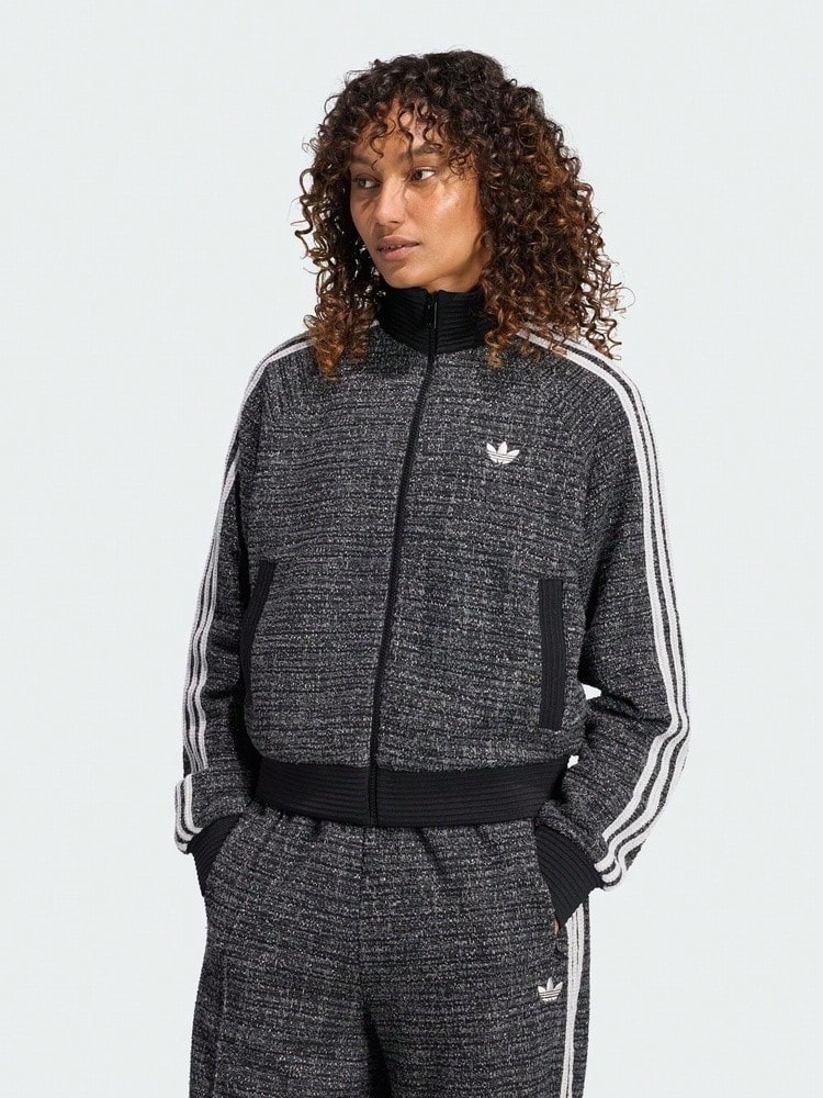 Adidas Originals Women's BOUCLE VIN TT Jacket Woven Collarless Outerwear LI0118 - Black and White - View 1