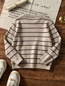 Big Boys Striped Crew Neck Knit Sweater, Long Sleeve Slim Fit Casual Autumn Knit Pullover, Suitable For Daily Wear - Apricot - View 4