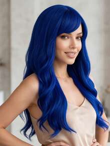 Women's 28-Inch Long Curly Blue Synthetic Wig With Bangs, Heat-Resistant Hair, Soft And Smooth, Suitable For Parties And Gatherings, Adjustable Cap Band Ensures Secure Fit, Ideal Choice For All Women - View 3