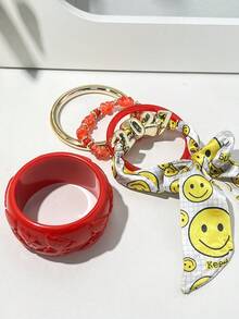 女款重工鉚釘裝飾樹脂寬手鐲，復古琥珀紮染花卉圖案，個性誇張街頭風手環 - 多色A - 查看 3