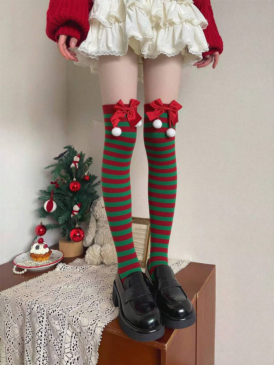 聖誕不透明緊身褲、多色膝高襪，彈性柔軟，萬聖節角色扮演派對服裝與配件 - 彩色 - 查看 1
