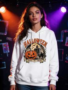 Plus Size Pumpkin Haunted House Black Cat HALLOWEEN TRICK OR TREAT Print White Sweatshirt, Halloween Casual Top - White - View 1