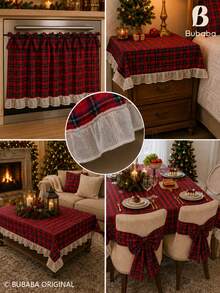 Khăn trải bàn kẻ caro Tartan Giáng Sinh viền bèo nhún, bộ 4 nơ buộc ghế nơ lớn, khăn trải bàn kẻ caro Buffalo đỏ, trang trí bàn và ghế phong cách nông trại cho tiệc tối lễ Giáng Sinh - Nhiều màu - Xem 9