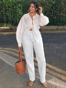 Plus Size Women's Frayed Hem Stretch Slim Straight Tapered Denim Jeans Cigarette Pants - White - View 5