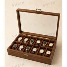 3/6/10/12 Slot Wooden Watch Storage Box With Glass Lid, Walnut Watch Display Organizer, - Walnut Wood - Inner Brown - View 2