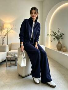 Women's Navy Blue Glitter Zip Up Stand Collar Jacket & High Waist Wide Leg Pants 2pcs Set, Casual Loungewear For Fall/Winter Concert Outfit - Navy - View 4