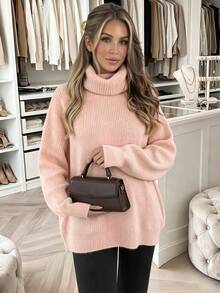 Women's Casual Pink Sweater, Fashion Minimalist Solid Color Knitted Turtleneck Pullover, Autumn/Winter - Pink - View 1