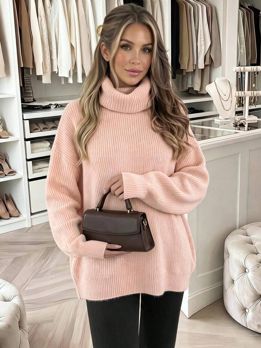 Women's Casual Pink Sweater, Fashion Minimalist Solid Color Knitted Turtleneck Pullover, Autumn/Winter - Pink - View 1