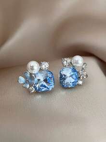 1 Pair Fashionable Blue Sparkling Rhinestone Pearl Stud Earrings For Women, Niche Design, High-End Luxury, Versatile Earrings - Multicolor - View 2