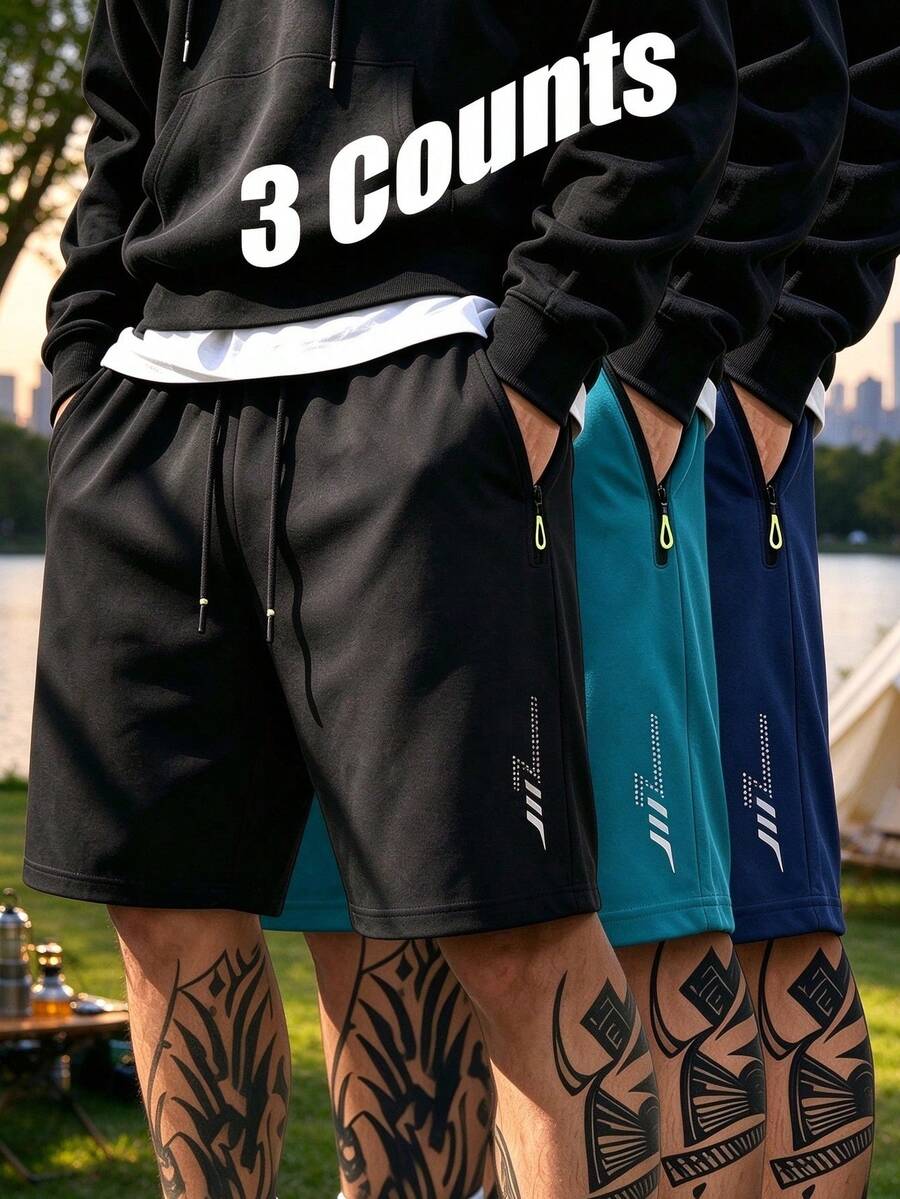 3pcs Casual Sports Shorts 1pc Pack With Zipper Pockets, Moisture-Wicking Design, Comfortable And Lightweight Fabric For Outdoor Sports And Climbing Activities - Multicolor - View 1