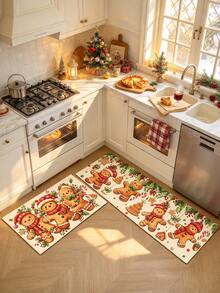1/2pcs Christmas Kitchen Decor Rug, Christmas Gingerbread Man Pattern Design Winter Kitchen Rug And Mat, Non-Slip Washable Absorbent Kitchen Accessories Decor Mat, Christmas Holiday Gift! - Multicolor - View 2