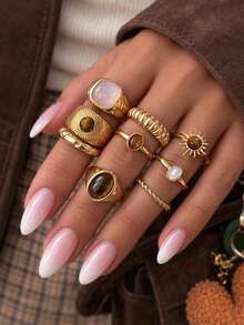 9pcs Vintage Fashion Luxury Metal Sun Gemstone Open Ring Set, Ins Style Jewelry Set, Suitable For Women's Daily Wear, Party, Vacation, Holiday Gift - Yellow Gold - View 7