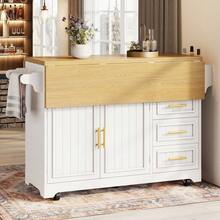 Multi-Function Kitchen Island/ Movable Dining Table Extension, Vertical-Groove Cabinets, Large Drawer Storage, Both-Sides Fold-Out Top, & Rolling Buffet Sideboard - White + MDF - View 5