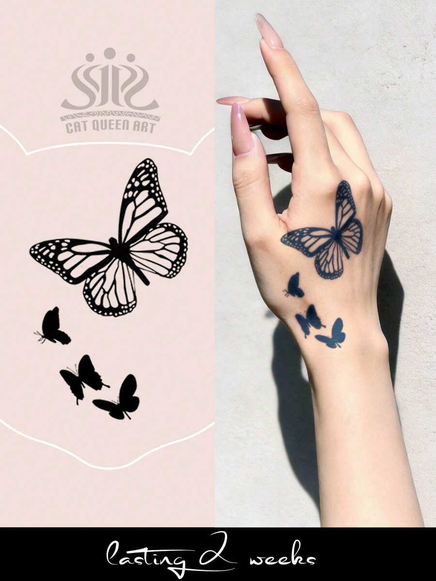 Herbal Juice Semi-Permanent Magic Tattoo Sticker, Exquisite Butterfly Pattern, Long-Lasting 14 Days, No Fading, No Reflection, Temporary Tattoo Sticker For Hands, Shoulders, Neck, Collarbone, Legs And Body, 1pc/Pack - Blue - View 1