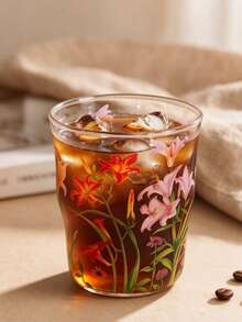 1pc Vintage Pink Lily Glass Cup, Minimalist Style, High Borosilicate Glass Material, Curved Body Design, Exquisite Floral Embossed Pattern, Heat-Resistant For Cold And Hot Drinks, Coffee Tea Water Cup, Suitable For Home Afternoon Tea, Birthday Gift, All Seasons - Multicolor - View 6