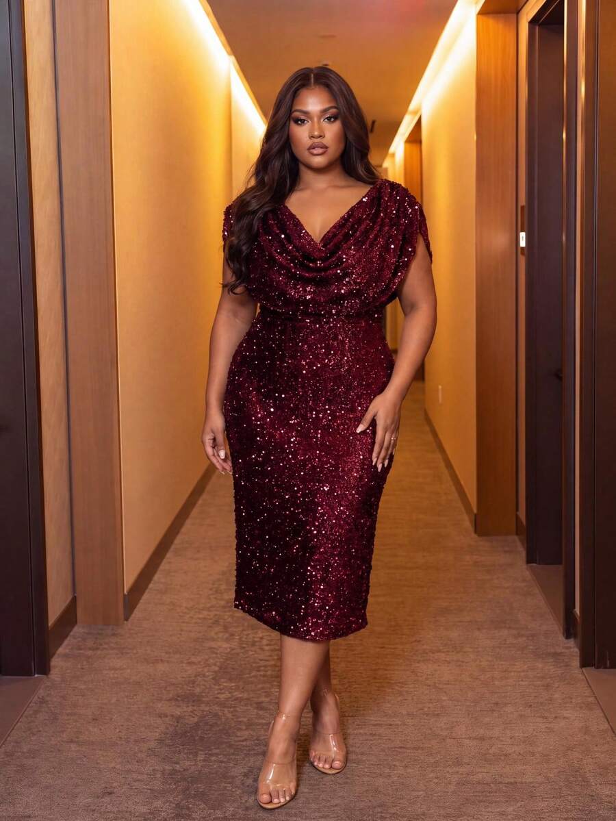 Fuaheng Elegant V-Neck Solid Color Shiny Sequin Formal Dress Wedding Vacation Spring Party - Burgundy - View 1