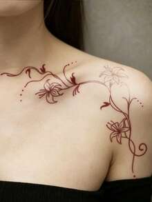 STARTTOOS 1pc Red Minimalist Floral Branch & Leaf Pattern Temporary Tattoo Sticker, Waterproof Body Tattoo Decal For Shoulder, Neck, Collarbone, Waist, Abdomen, Back, Party Gift DIY Holiday Gift - Red - View 3